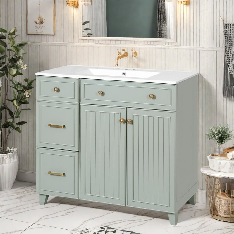 Meuble-lavabo 36 po avec lavabo - Armoire de salle de bain moderne avec portes à fermeture en douceur, base en bois massif, lavabo en céramique et tiroirs de rangement
