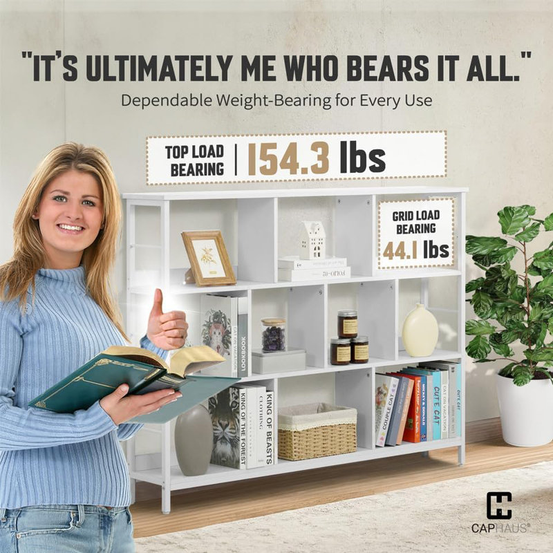 55-Inch Wide 10 Cube 3 Tier Industrial Open Shelf Bookcase with Metal Frame, White, White, 40.9" H x 55.1" W x 9.4" D