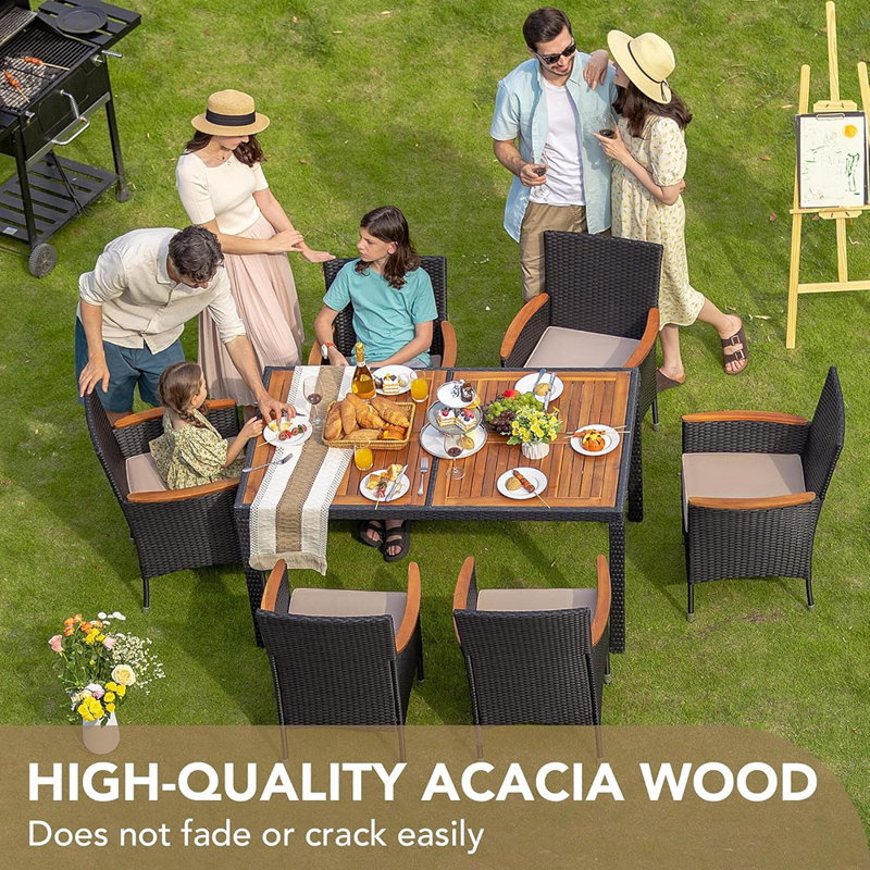 Ensemble de conversation pour patio avec plateau en bois d'acacia, coussin extérieur, beige