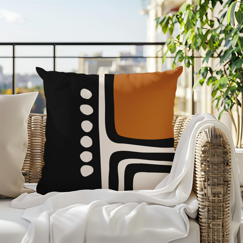 Oreiller carré réversible intérieur / extérieur Tobe Minimalist, H 19 po x l 19 po, Orange brûlé / noir / blanc cassé