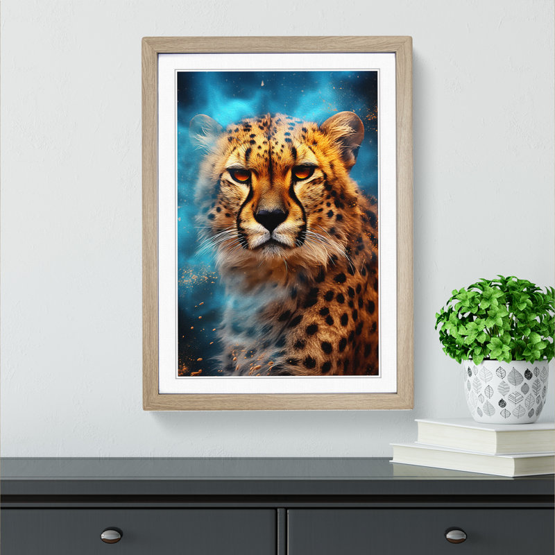 Cheetah Digital Art - Framed Print, 46cm H x 34cm W x 2cm D, Oak