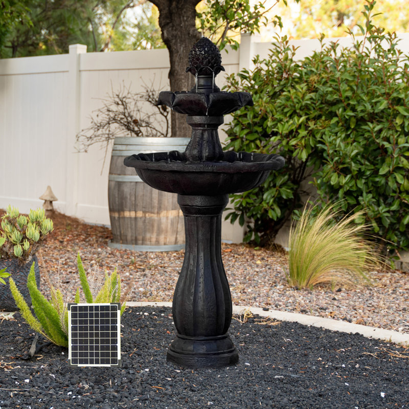 XBrand 44" H Dark Brown Fiberglass/Resin 2-Tier Solar Water Fountain w/ Solar Panel and Auto-Shut Off Pump, Dark Brown