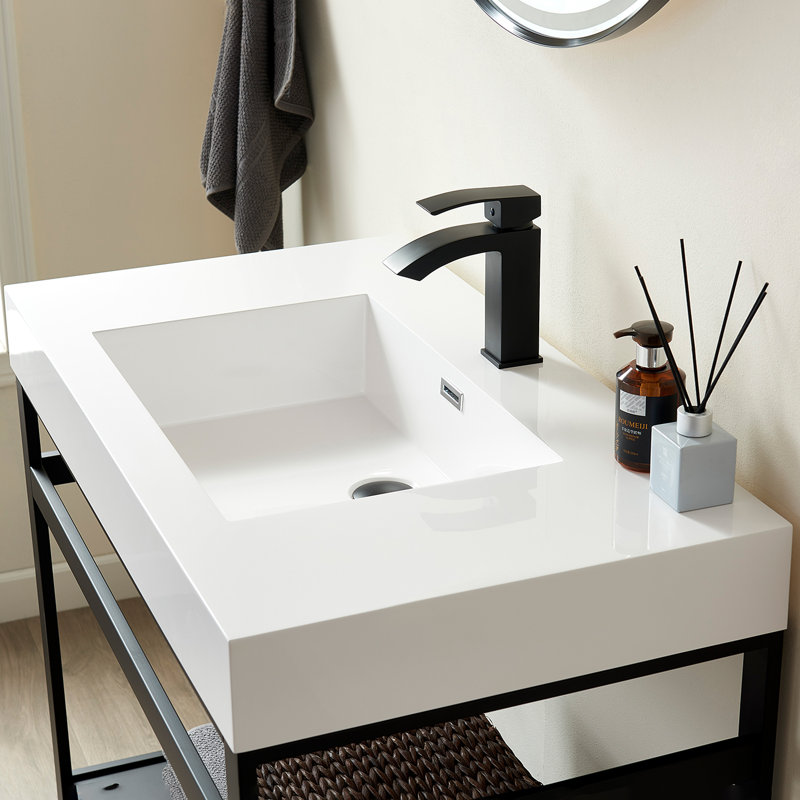 Lavabo de salle de bain rectangulaire en pierre de granite composite de 35,8 po Ablitas, Blanc