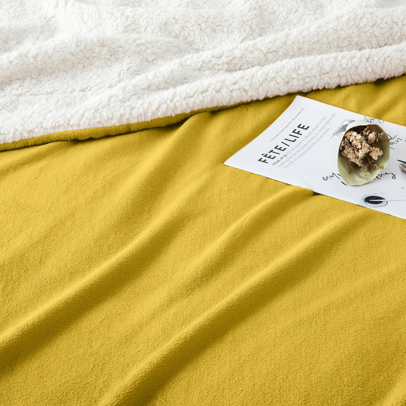 Kaylie Soft Sherpa Fleece Fur Thick Dual Sided Reversible Blanket Throw, Yellow, 200cm x 240cm
