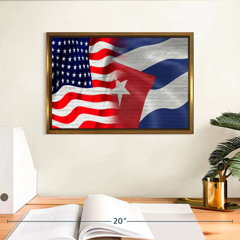 Drapeau américain et cubain, Cadre flottant doré, 13 po x 9 po
