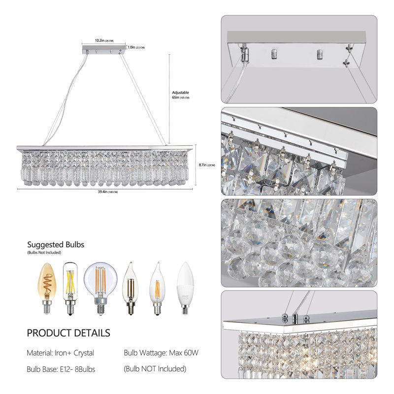 Lustre rectangulaire moderne en cristal pour salle à manger - Luminaire suspendu linéaire en chrome, Chrome chrome
