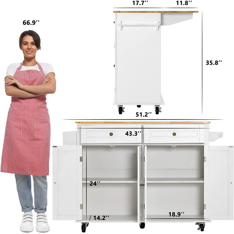 Rolling Mobile Kitchen Island With Drop Leaf Breakfast Bar,Wood Top Spice Rack Desk,Kitchen Table On Wheels With Drawer And Storage Cabinet