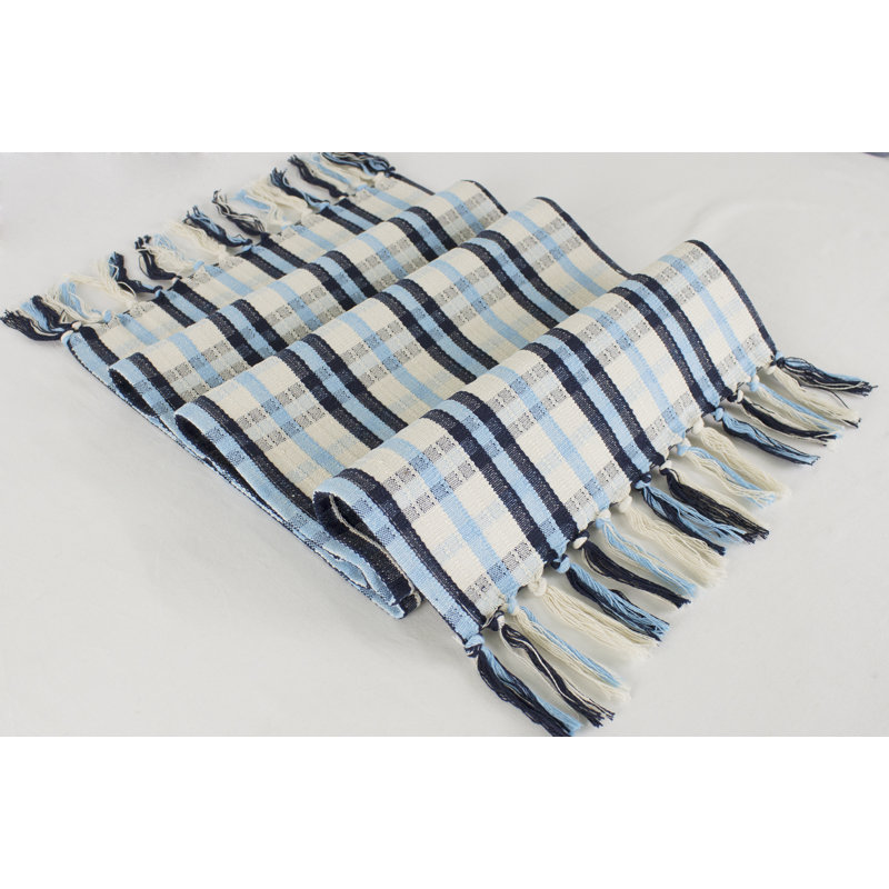 Blue-White Plaid Cotton Blend Table Runner With Fringes, 70" x 0.25"