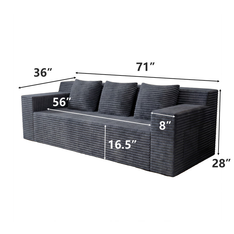 Causeuse 2 places en velours côtelé gris foncé, siège profond sans os avec 3 coussins, sans assemblage requis, l 71 po pour les petits espaces