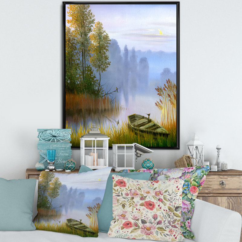 Le bateau sur la berge du lac - Peinture sur toile, H 32 po x l 16 po x P 1 po, Cadre flottant noir