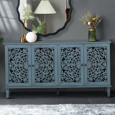 Buffet antique avec sculptures florales, pieds en bois massif, tablettes réglables, idéal comme meuble télé et buffet pour diverses pièces