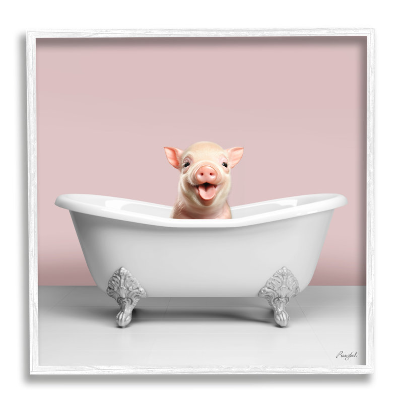 Pastel Piglet in Bathtub Gray Framed Canvas Print, 12 x 12