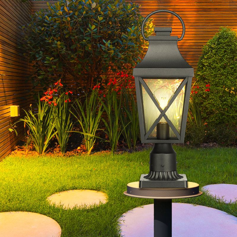 Lampadaire d'extérieur, luminaire de lampadaire, lanterne avec base de pilier, noir texturé, convient aux jardins, aux cours ou aux entrées
