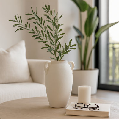 Textured Table Vase Jar With Two Handles for Home Decor - Ceramic Tall Flower Vase for Tabletops and Living Room Accent - White