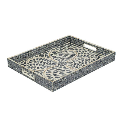 Berty Rectangular Decorative Tray, Mosaic Pattern Black Beige Capiz 14X18