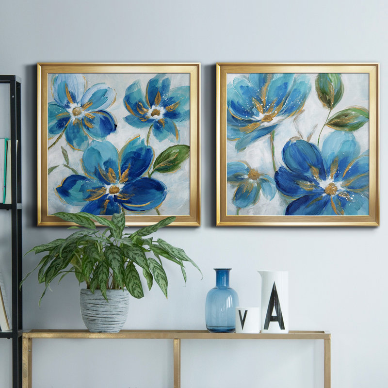 «Flowering Blues I», peinture sur toile 2 pièces, Cadre doré, H 30,5 po x l 61 po x P 1,5 po