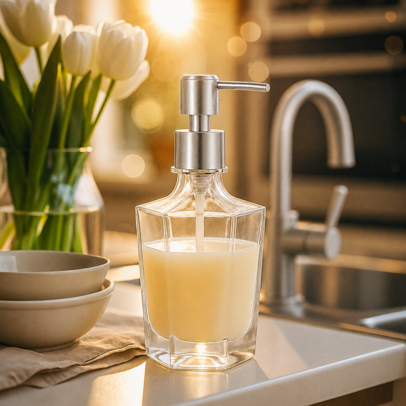 Distributeur de savon 9,5 oz concave - Pompe argent satiné