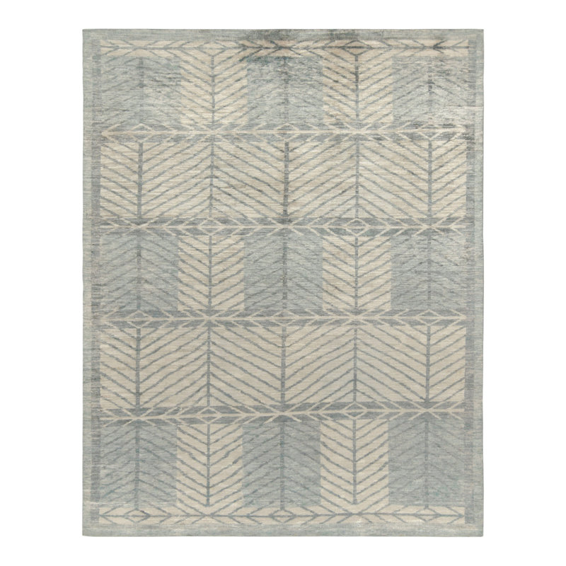 Scandinavian Hand Knotted Silk Geometric Area Rug, Rectangle 6' x 9'