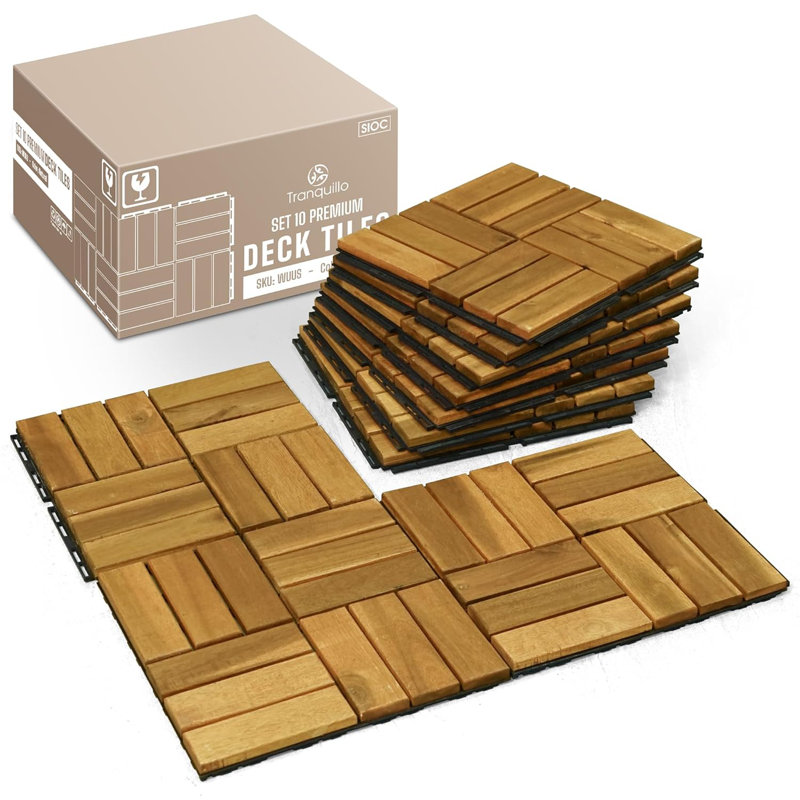 Carreaux de terrasse en bois d'acacia emboîtables Tranquillo - paquet de 10 | Revêtement de sol intérieur et extérieur antidérapant et antidérapant facile à installer