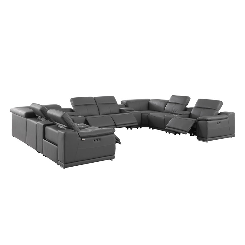 Kitanna 12 Piece 4 Power Recliner Top Grain Italian Leather Sectional, Dark Gray Genuine Leather