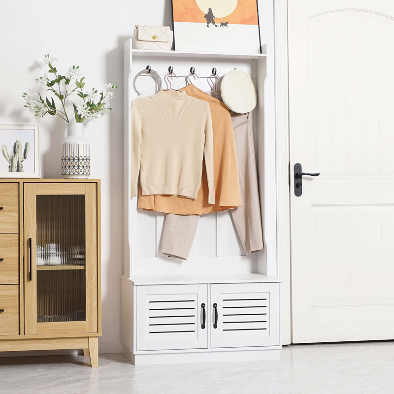 Modern Hall Tree, Entryway Coat Rack with Shoe Bench, 5 Hooks, Storage Shelf and Slatted Door Cabinet for Hallway, White