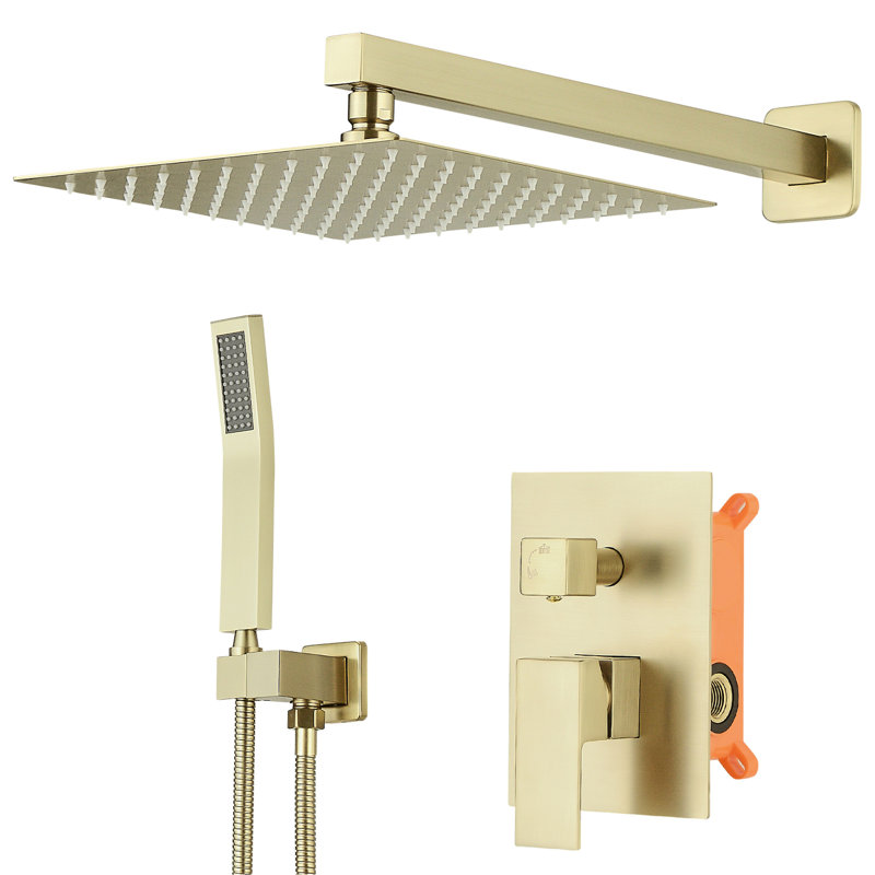 Système de douche mural contemporain à pluie en or brossé 10 pouces, salle de bain luxueuse avec douche à main, une poignée manuelle, robinet géométrique, valve de cartouche de remplissage en céramique moderne