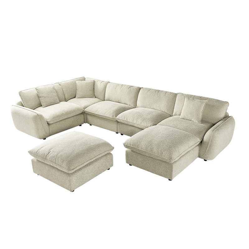 Modular Down Filled Chenille Large 7-Seat Sofa Solid Wood Cloud Couch Sectional with Two Ottoman, Deeper & Wider Seat