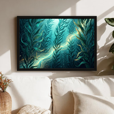 Art mural sur toile noir encadré pour le salon, la chambre à coucher, le bureau ou le vestibule - Décoration murale décorative avec forêt sous-marine
