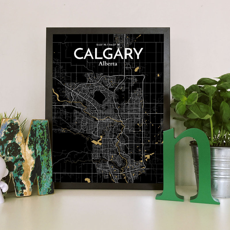 Calgary City Map - Unframed Graphic Art Print on Paper, 60.2cm H x 27.9cm W x 0.1cm D, Gold/White