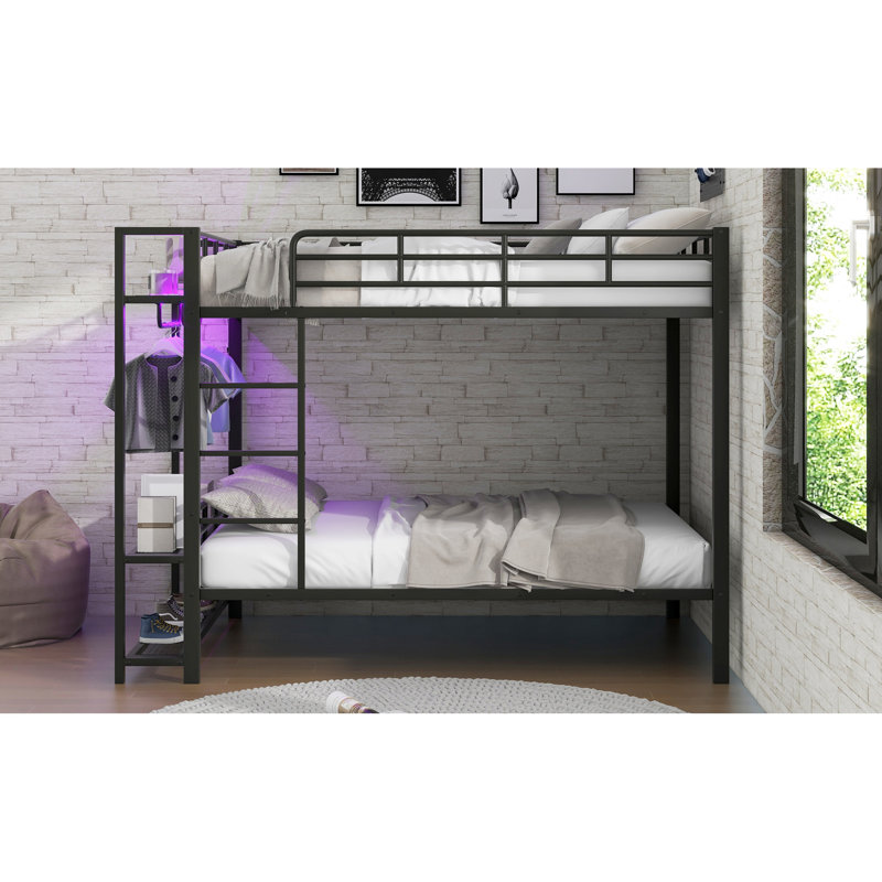Lit superposé noir complet en métal avec rangement à DEL, en maille et crochets à vêtements, coffre-fort confortable pour toutes les télécommandes 7 couleurs, 3 tablettes, 2 finitions rouille