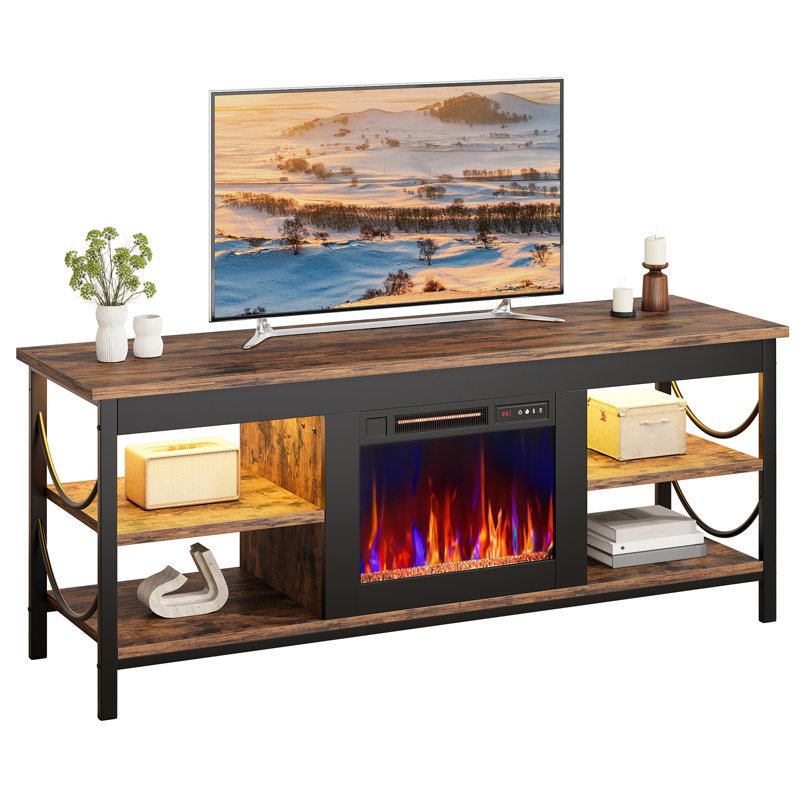 Electric Fireplace TV Stand Fit For Tvs Up To 65 Inch Gaming Entertainment Center With Open Storage Shelves, Brown