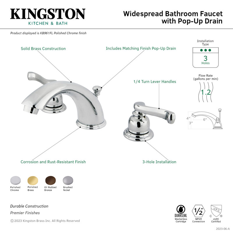 Robinet de salle de bain espacé Kingston, Chrome poli