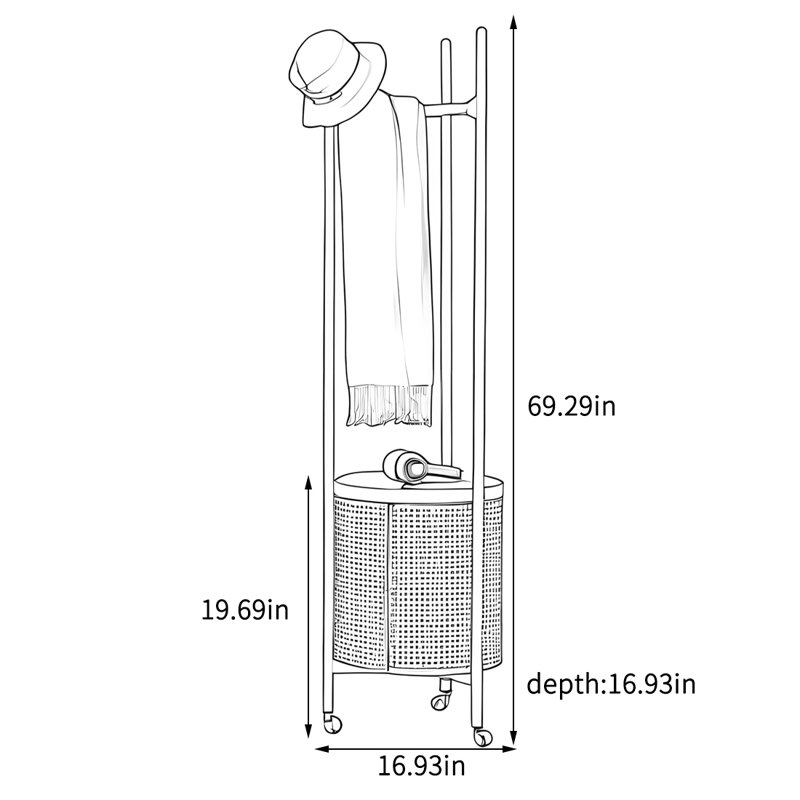 Ash Wood Rattan Coat Rack Removable Basket, Black