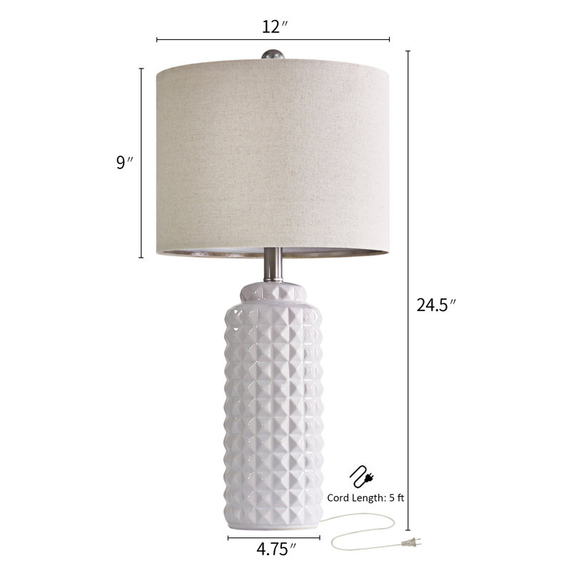 White Ceramic Table Lamps with Beige Linen Shades, Set of 2