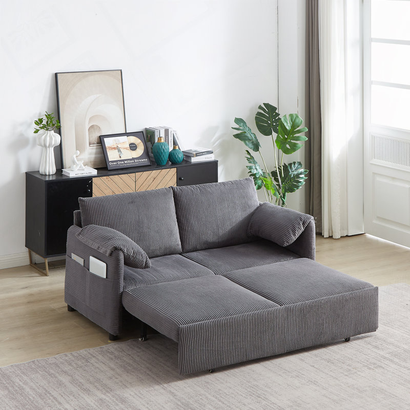64.5 Inch 3-in-1 Adjustable Sleeper Sofa Bed | Pullout, Soft Corduroy, 2 Pillows & Side Pockets, Gray Corduroy