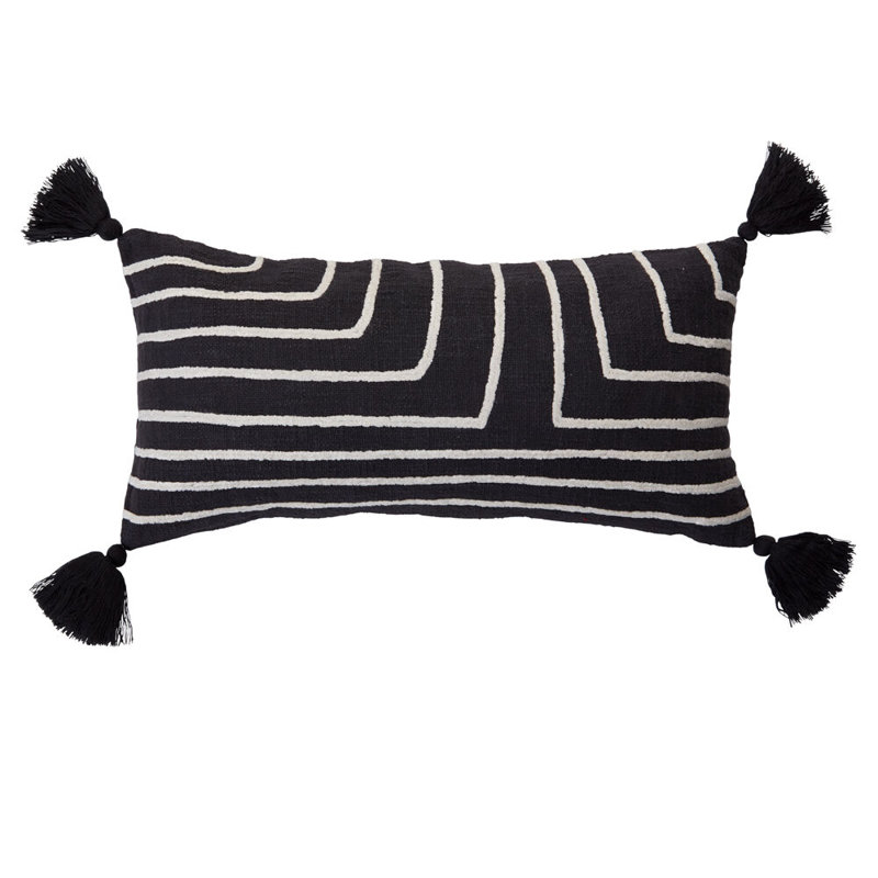 Falun Black and White Cotton Rectangular Pillow with Tassels