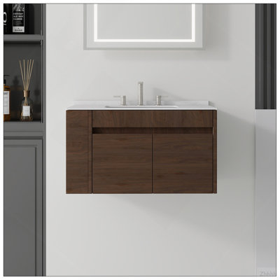 Meuble-lavabo flottant 30 po avec lavabo, porte à fermeture en douceur, comptoir et dosseret en marbre de culture blanc de 0,6 po Carrara, contreplaqué, brun