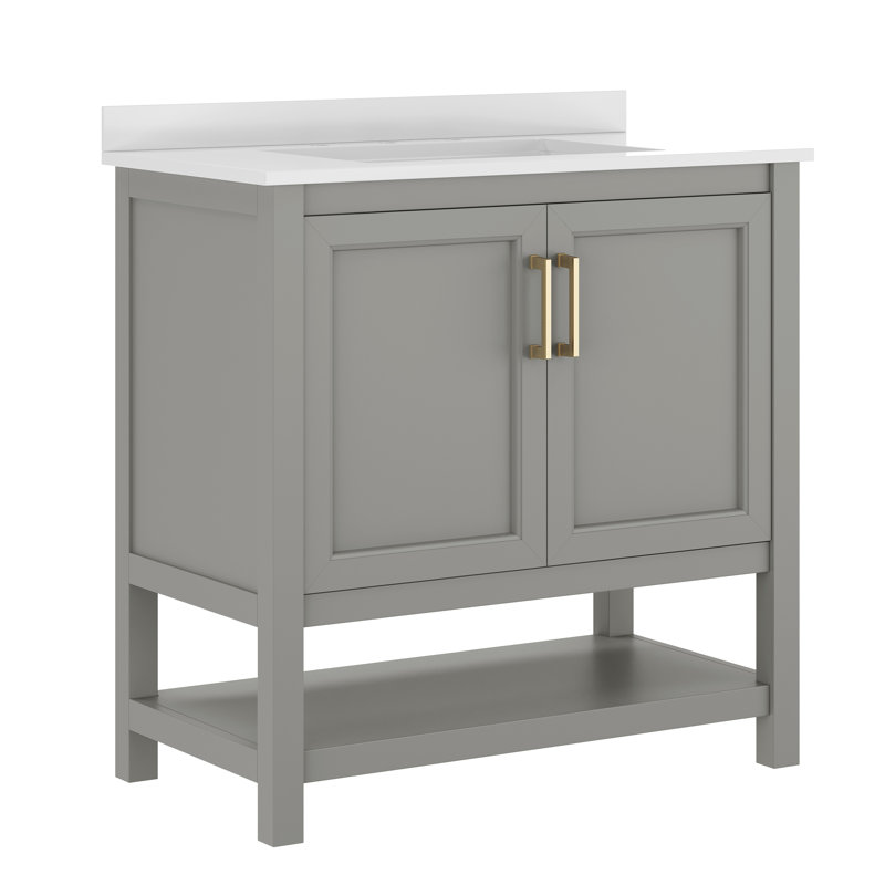 Castielle 36'' Bathroom Vanity with Undermount Sink and Open Storage Shelf, Gray, Gold