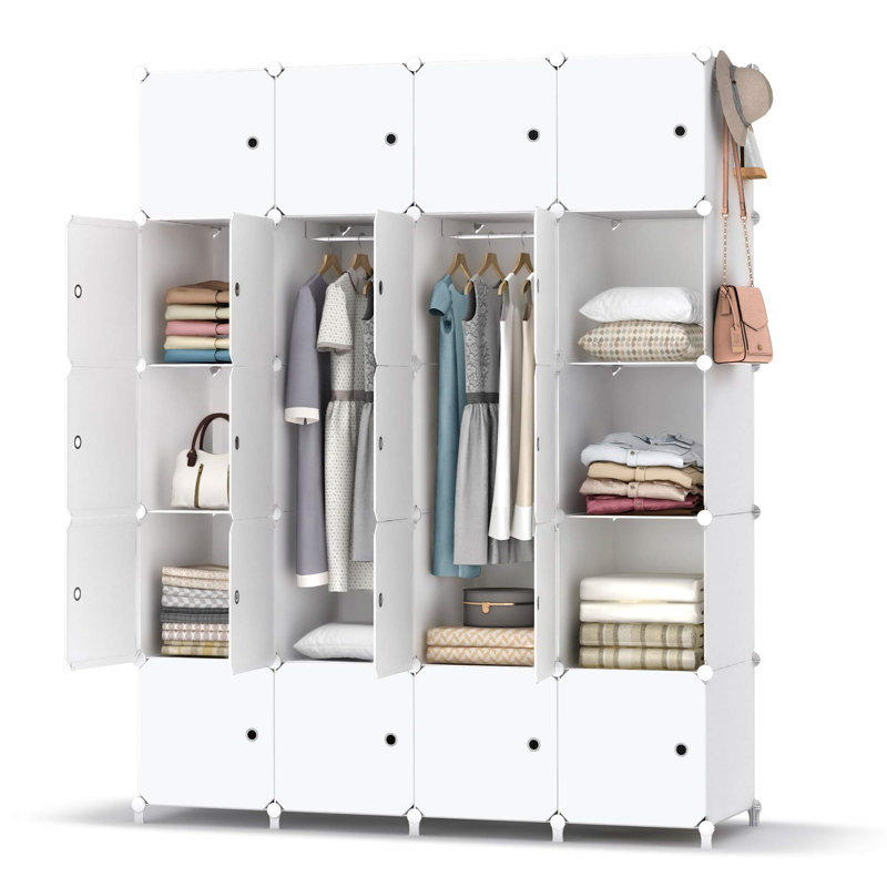 Portable Wardrobe Foldable Closet With 20 Compartments, Combination Armoire Modular Cabinet Clothes Storage Organizer Shelf With Clothes Hanging Rails For Bedroom