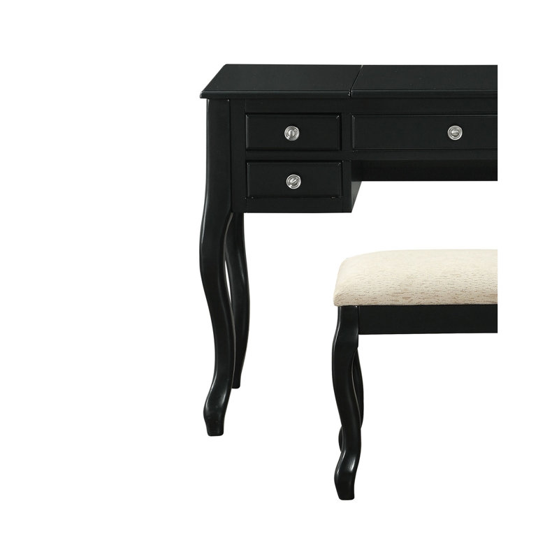 Tabouret de coiffeuse classique classique 1 pièce, noir, tiroir, contreplaqué, mobilier de chambre noir et miroir ouvert, contreplaqué, style contemporain