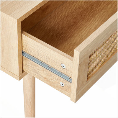 Rattan Console Table with 2 Storage Drawers and Natural Rattan Sliding Door for Entryway, Living Room, and Study