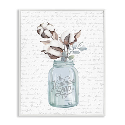 Handmade Soap Jar Cotton Flower Bathroom Word Design Oversized White Framed Giclee Texturized Art by Lettered and Lined