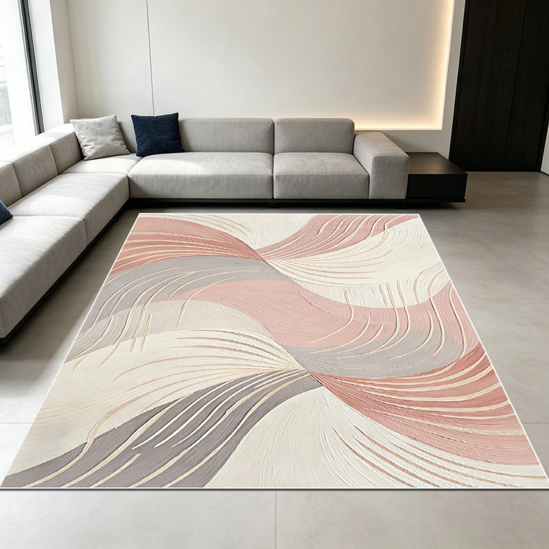 1PC abstract swirling curved stripe textured blush pink grey cream geometric pattern area rugs for Living Room, Soft, All seasons, Easy-maintain, Washable Indoor mat, Farmhouse suitable for for dining room, bedroom, entryway...