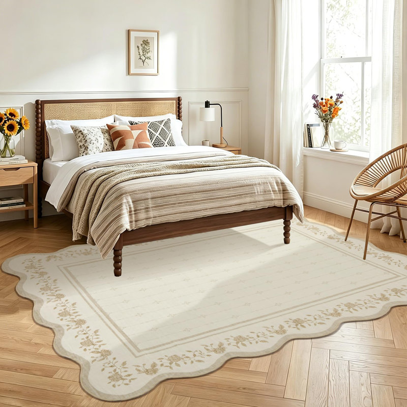 Tapis festonné lavable, tapis de salon, revêtement de sol, tapis d'appoint moderne à bordure, Ivory, 8*10