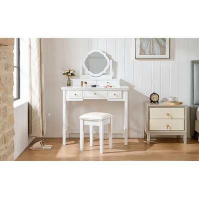 Coiffeuse de maquillage blanche avec miroir réversible, moulure élégante sur le miroir et les pieds, 5 tiroirs pour le rangement organisé, accessoires de tabouret,