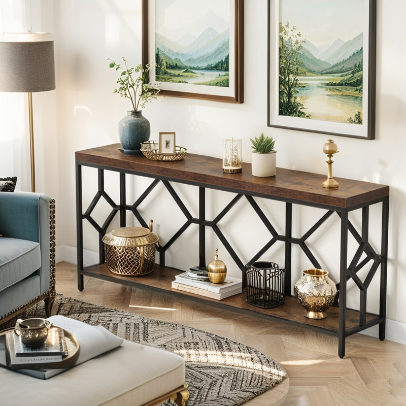 Très longue table d'appoint 70,86 po, console 2 niveaux, Brun rustique / noir