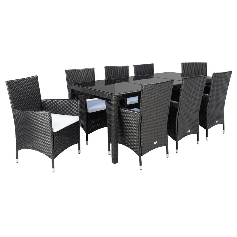 Hailee 8 - Person Wicker Patio Dining Set with Rectangular Table , Cushions Included, Black