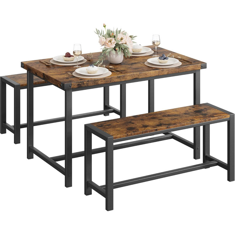 Dining Table & 2 Benches with Corner Protector – 4-6 Person Set with H-Shaped Frame, Ideal for Small Spaces, Kitchen, Apartment
