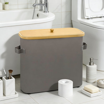 Bathroom Toilet Paper Storage Basket With Lid, Freestanding Organizer With Bamboo Frame, Fabric Bin For Bathroom Storage And Organization