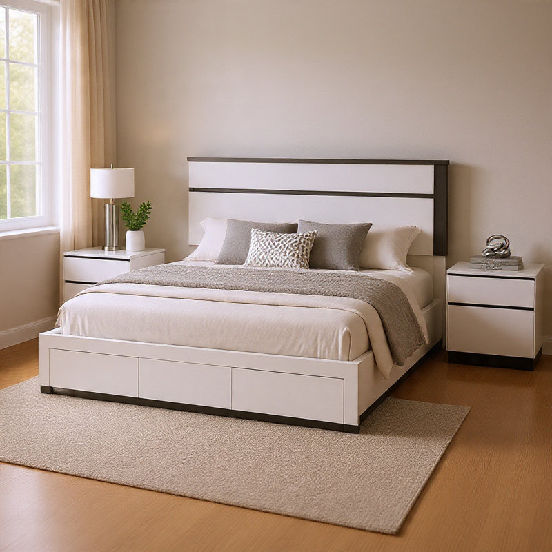 Ensemble de chambre à coucher grand lit, blanc, bois gris métallique, ensemble de 3 pièces avec 2 tables de chevet